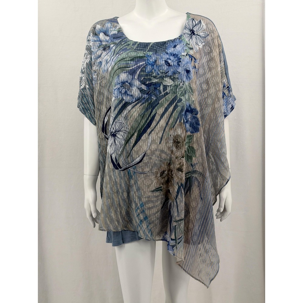 Catherines Top Womens 4X Blue Floral Asymmetrical Artsy Flowy Mature Boho Office